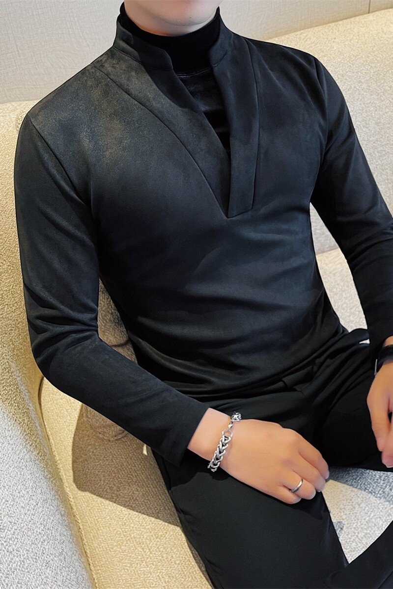 7927-P65假两件长袖体恤男士冬季新款休闲纯色打底衫修身,男装T恤,电商B333