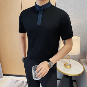 7873-P58 牛仔拼接短袖POLO衫男士夏季新款 立领半袖体恤图片