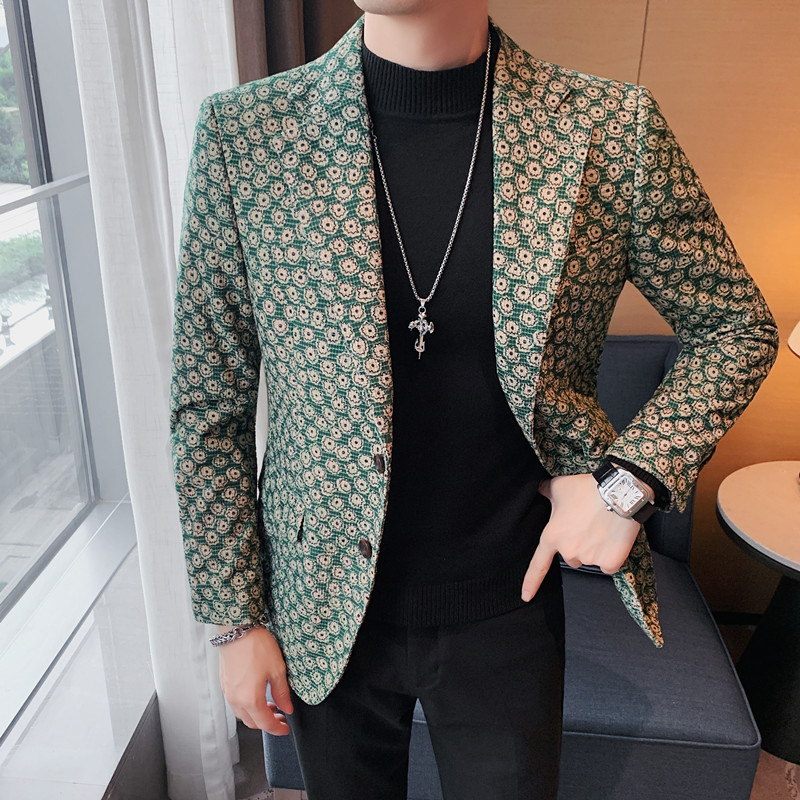X6060-P155花西装外套男士冬季新款修身灯芯绒休闲西服绿色,男装西服套装,电商B333