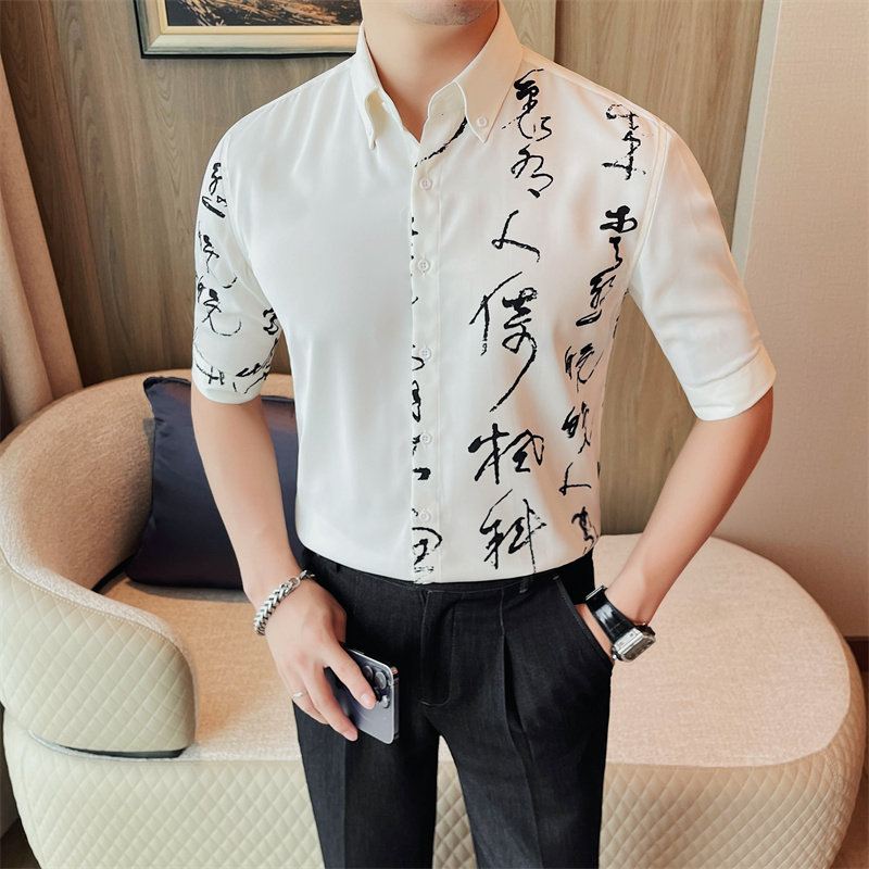 C7131-P6898中袖衬衫男士夏季新款风印花黑白衬衣五分袖,男装T恤,电商B333