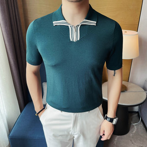 3758-P65 针织冰丝短袖POLOL衫男士夏季百搭拉链翻领体恤图片