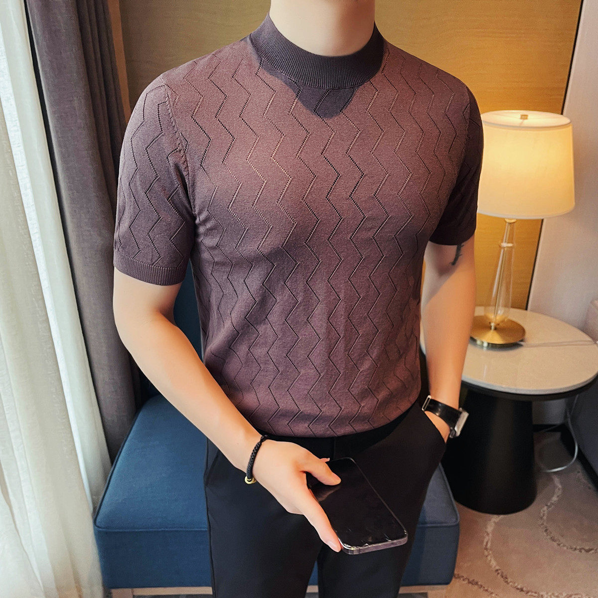 3775-P58短袖针织冰丝t恤男士夏季圆领镂空半袖体恤,男装T恤,电商B333