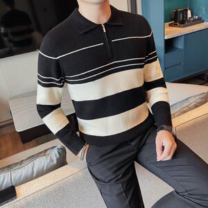 3718-P88 长袖毛衣男士秋冬新款翻领针织衫撞色拉链长袖打底衫图片