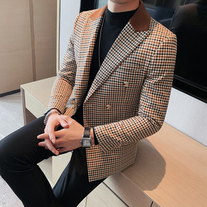 23532-P155 双排扣西装外套男士秋冬新款韩版修身千鸟格西服图片