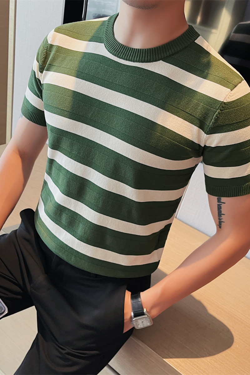 3323-P58新加绿色条纹针织冰丝圆领体恤男士夏季修身潮流半袖t恤,男装T恤,电商B333