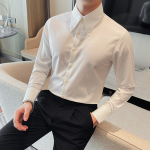 3123-P98 白色衬衣男士商务休闲百搭大领子长袖纯色衬衫图片