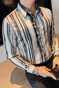 7896-P65 男士长袖衬衫秋季条纹修身潮流休闲帅气衬衣图片