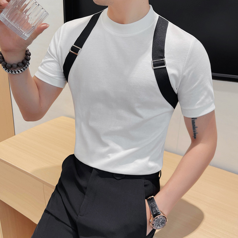7876-P58圆领短袖体恤男士夏季新款修身肩带个性拼接白色T恤,男装T恤,电商B333