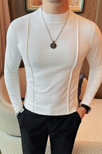 8703-特P40 春秋新款男装纯色线条装饰圆领弹力修身打底长袖T恤男图片