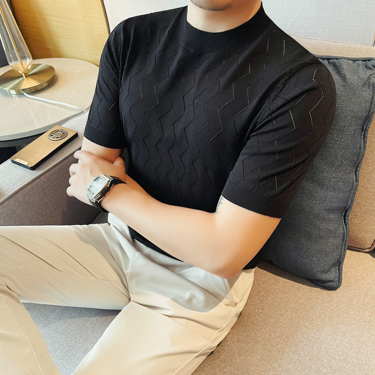 3775-P58短袖针织冰丝t恤男士夏季圆领镂空半袖体恤,男装T恤,电商B333