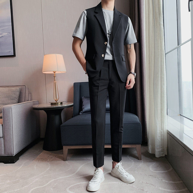 TZ508-P200无袖西装九分裤裤子套装男士夏季纯色西服两件套,男装西服套装,电商B333