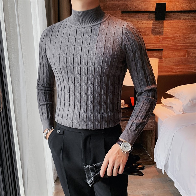 8513-P75半高领毛衣秋冬男士英伦修身扭花针织衫套头长袖提花打底,男装T恤,电商B333