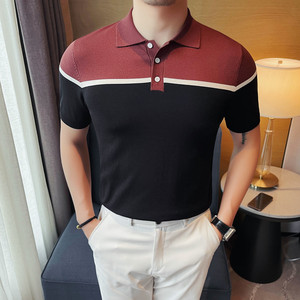 3773-P63 短袖针织polo衫男士透气中袖冰丝T恤打底衫撞色领修身图片