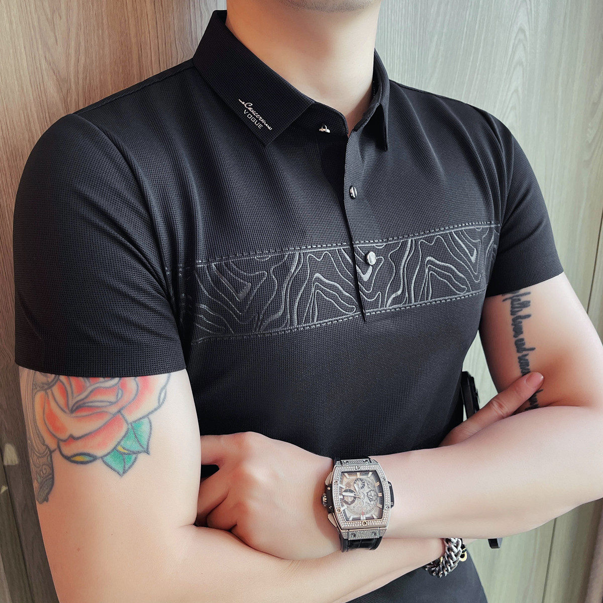 MJ1006-P55 华夫格纹无痕压胶压花男短袖夏季时尚百搭休闲POLO衫图片