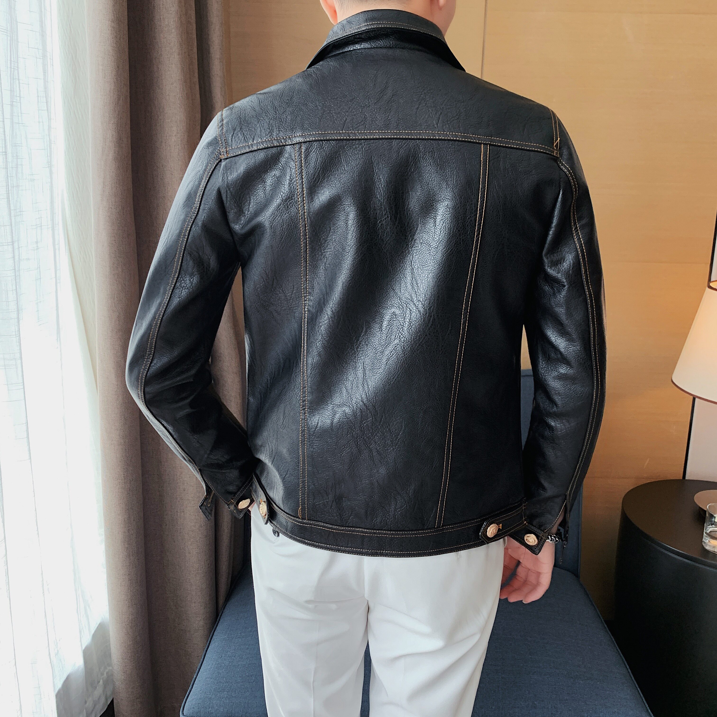 JK107-P130秋冬男士修身皮衣型男单排扣翻领皮夹克外套,男装夹克,电商B333