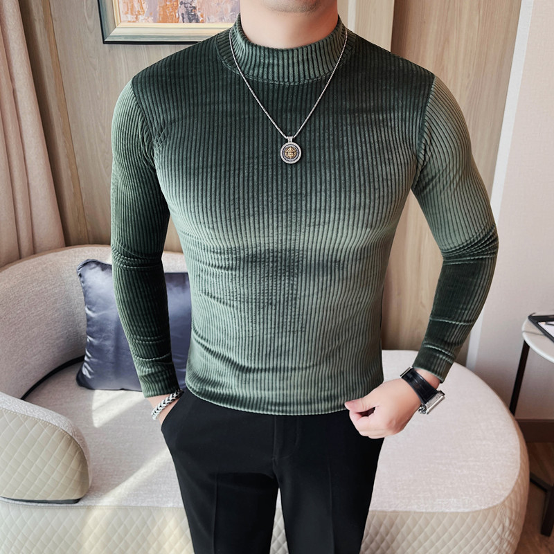 T6910-P48长袖体恤男士中领修身条纹纯色T恤半高领打底衫,男装T恤,电商B333
