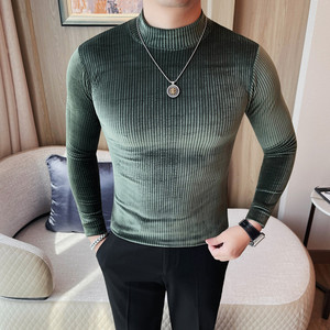 T6910-P48长袖体恤男士中领修身条纹纯色T恤半高领打底衫,胖胖的男生穿搭修身夏天图片