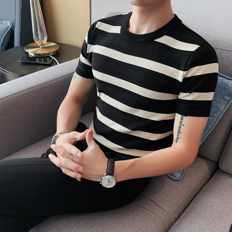 WQ3323-P58圆领针织短袖T恤男士夏季条纹修身体恤,男装T恤,电商B333
