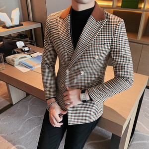 23532-P155 双排扣西装外套男士秋冬新款韩版修身千鸟格西服图片