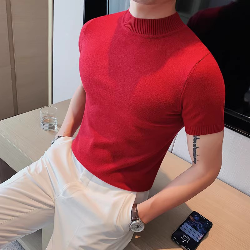 0820-特P40半高领针织打底衫男春夏修身纯色套头短袖T恤,男装T恤,电商B333