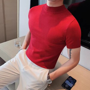 0820-特P40半高领针织打底衫男春夏修身纯色套头短袖T恤图片