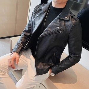 JK109-P130秋冬男士修身皮衣韩版型男斜拉链西装领皮夹克外套咖啡图片