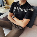3768-P68短袖针织冰丝t恤男士夏季圆领镂空半袖体恤POLO衫拉链，男装T恤，电商B333
