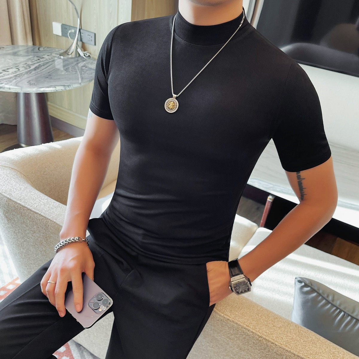 T2602-P38小中领短袖体恤男士春夏新款潮流时尚条纹打底衫,男装T恤,电商B333