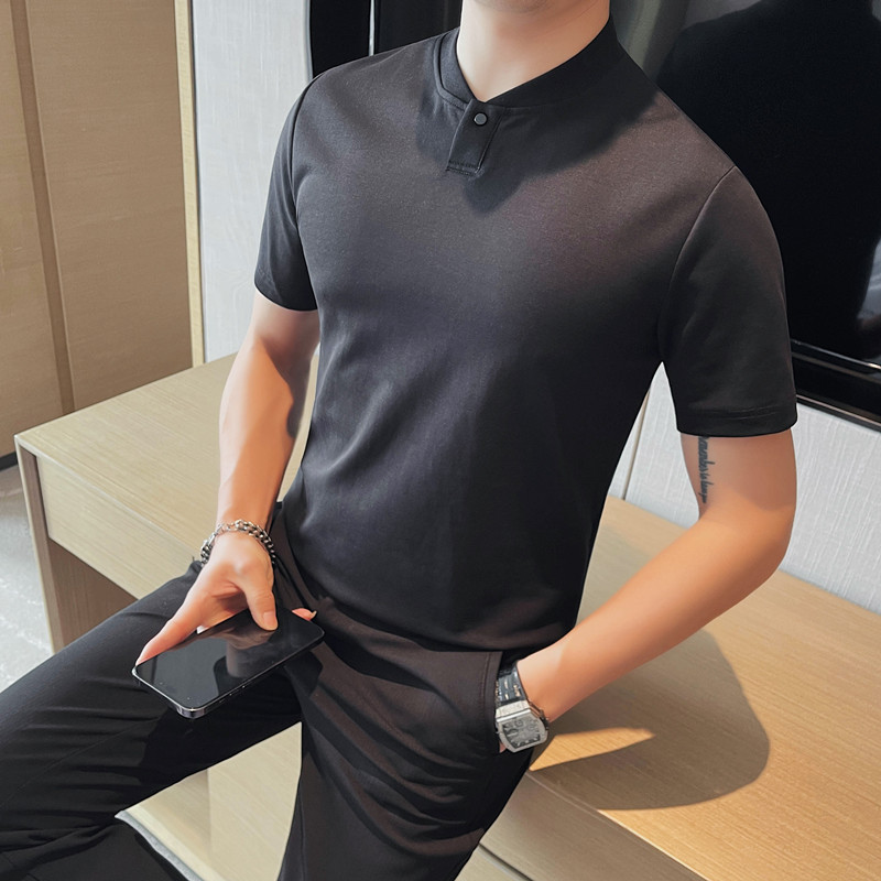 7866-P58一粒扣POLO衫无领短袖体恤纯色百搭休闲T恤,男装Polo衫,电商B333
