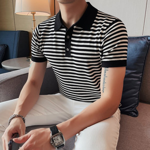 1216-P58 针织polo衫男士夏季条纹翻领半袖t恤 针织冰丝图片