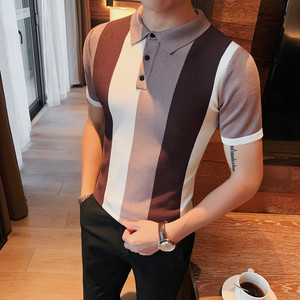 A08-P65条纹拼色短袖POLO衫男士春夏新款翻领针织衫图片
