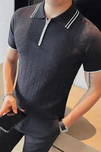 HL004-P58 短袖polo衫男士夏季格子拉链翻领针织冰丝修身t恤图片