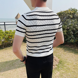 PT25-P58 针织冰丝短袖t恤男士夏季翻领修身条纹polo衫图片