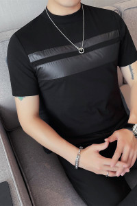 T2407-P48 小中领短袖体恤男士 修身贴布半袖打底衫图片