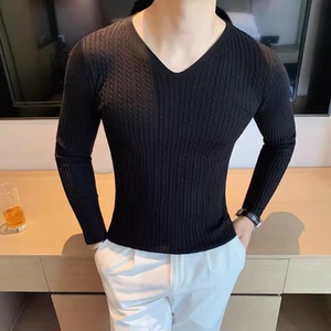 7700-特P45秋季型男纯色V领打底针织衫韩版新款修身长袖毛衣T恤白图片