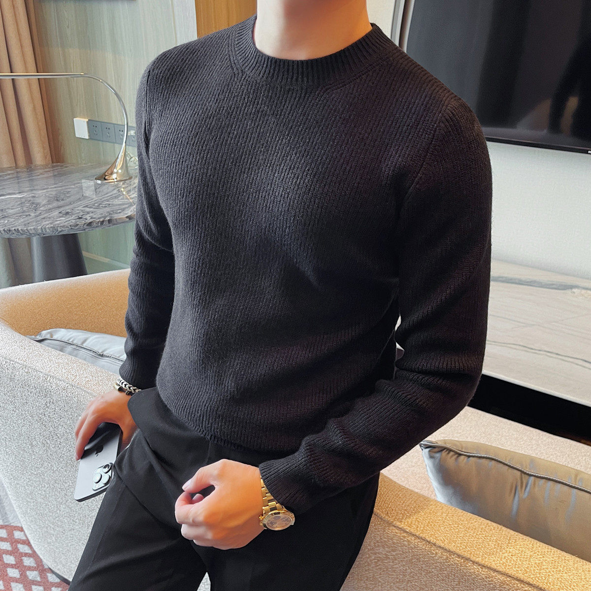 3712-P78粗针厚毛衣男士毛衣新款圆领修身弹力针织衫上衣,男装针织衫/毛衣,电商B333