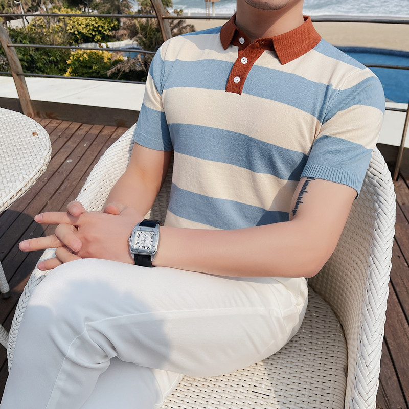 3338-P58男士短袖polo衫夏季针织冰丝t恤修身翻领半袖条纹体恤,男装Polo衫,电商B333