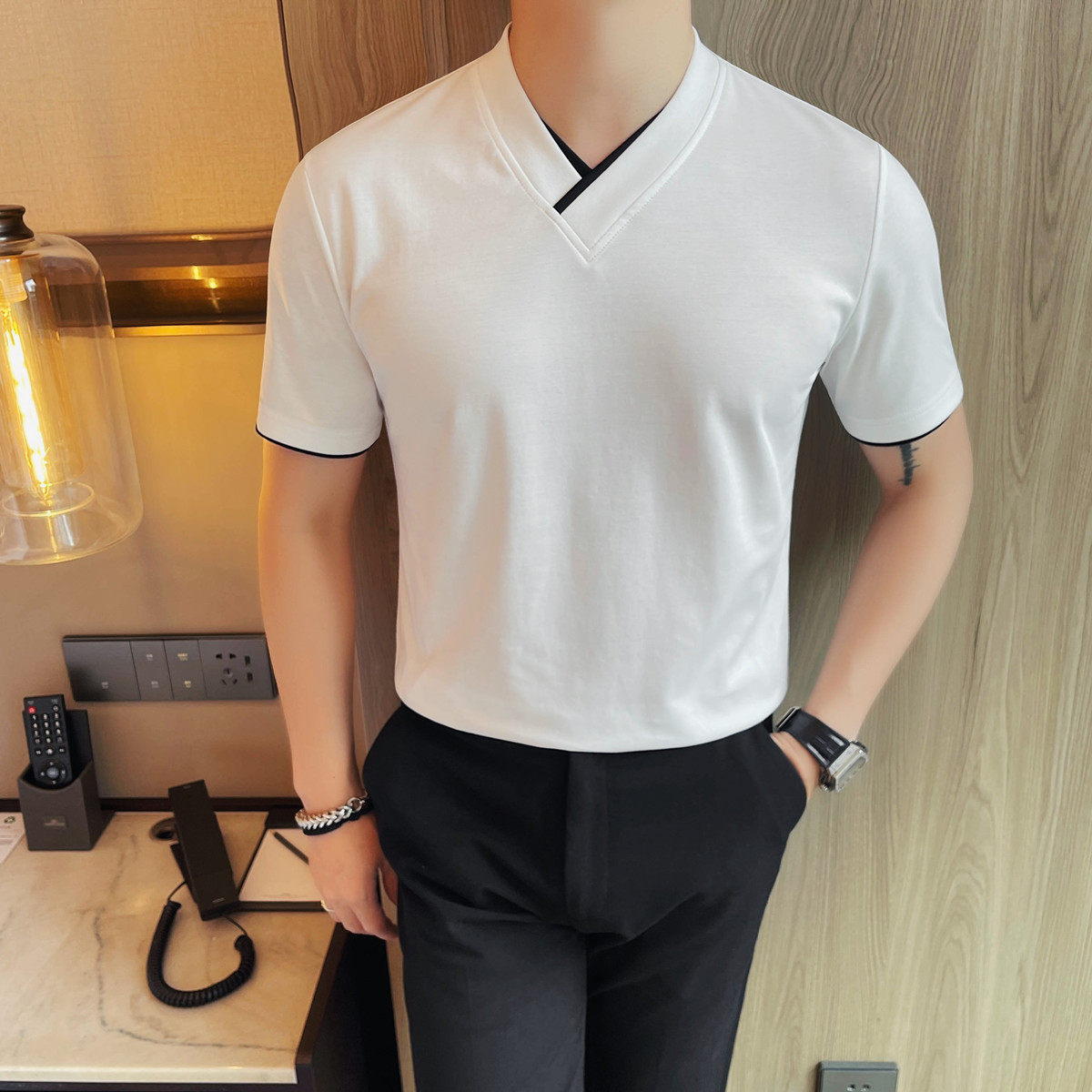 7542-P55男士短袖夏季新款时尚百搭休闲V领短袖T恤，男装T恤，电商B333