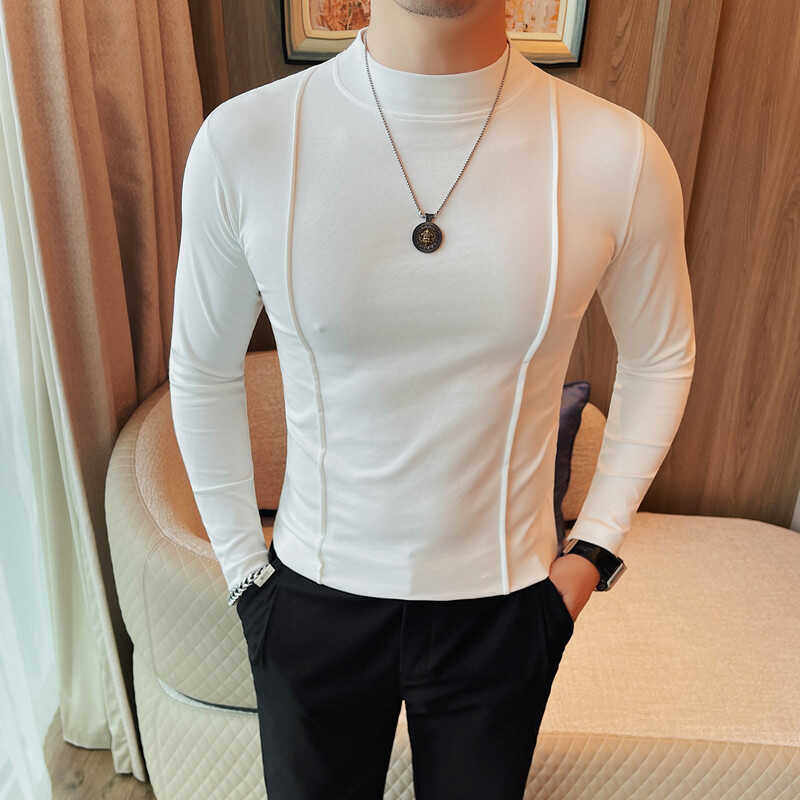 8703-特P40春秋新款男装纯色线条装饰圆领弹力修身打底长袖T恤男,男装T恤,电商B333