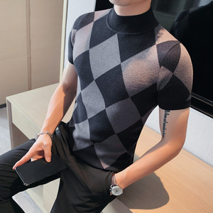8501-P58秋冬男士修身半高领毛衣 中领短袖菱形格子图片