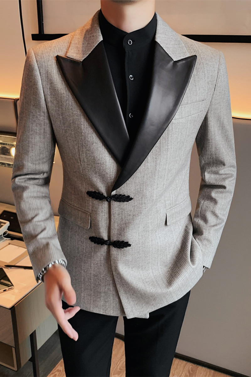XF1038-P175厚西装外套男士西服礼服修身休闲皮领拼接单排扣,男装西服套装,电商B333
