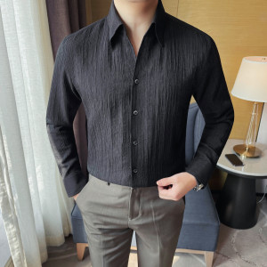 3142-P108 长袖纯色衬衫男士春秋季新款商务休闲百搭褶皱衬衣图片