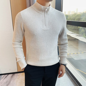 3722-P88半高领纯色长袖保暖针织衫男士秋冬立领拉链款毛衣