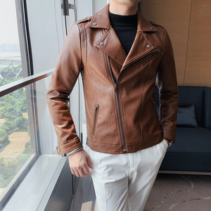 JK109-P130秋冬男士修身皮衣韩版型男斜拉链西装领皮夹克外套咖啡图片
