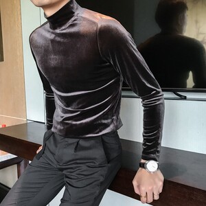 秋冬男士修身保暖打底衫纯色半高领T恤 中领弹力绒布T 5862-特P45图片