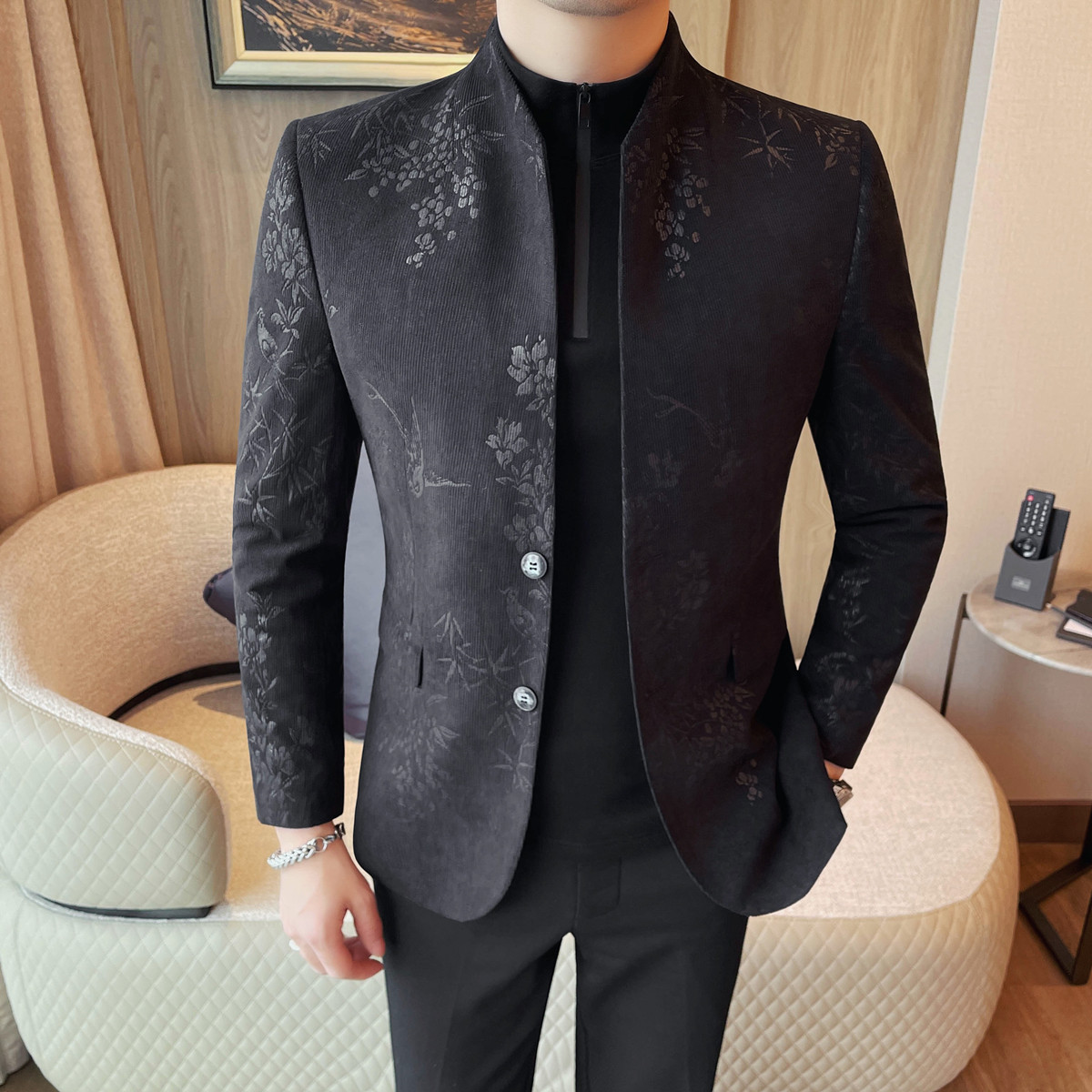 XF1071-P128跑量款西装外套男士春季新款花西装立领西服单排扣,男装西服,电商B333