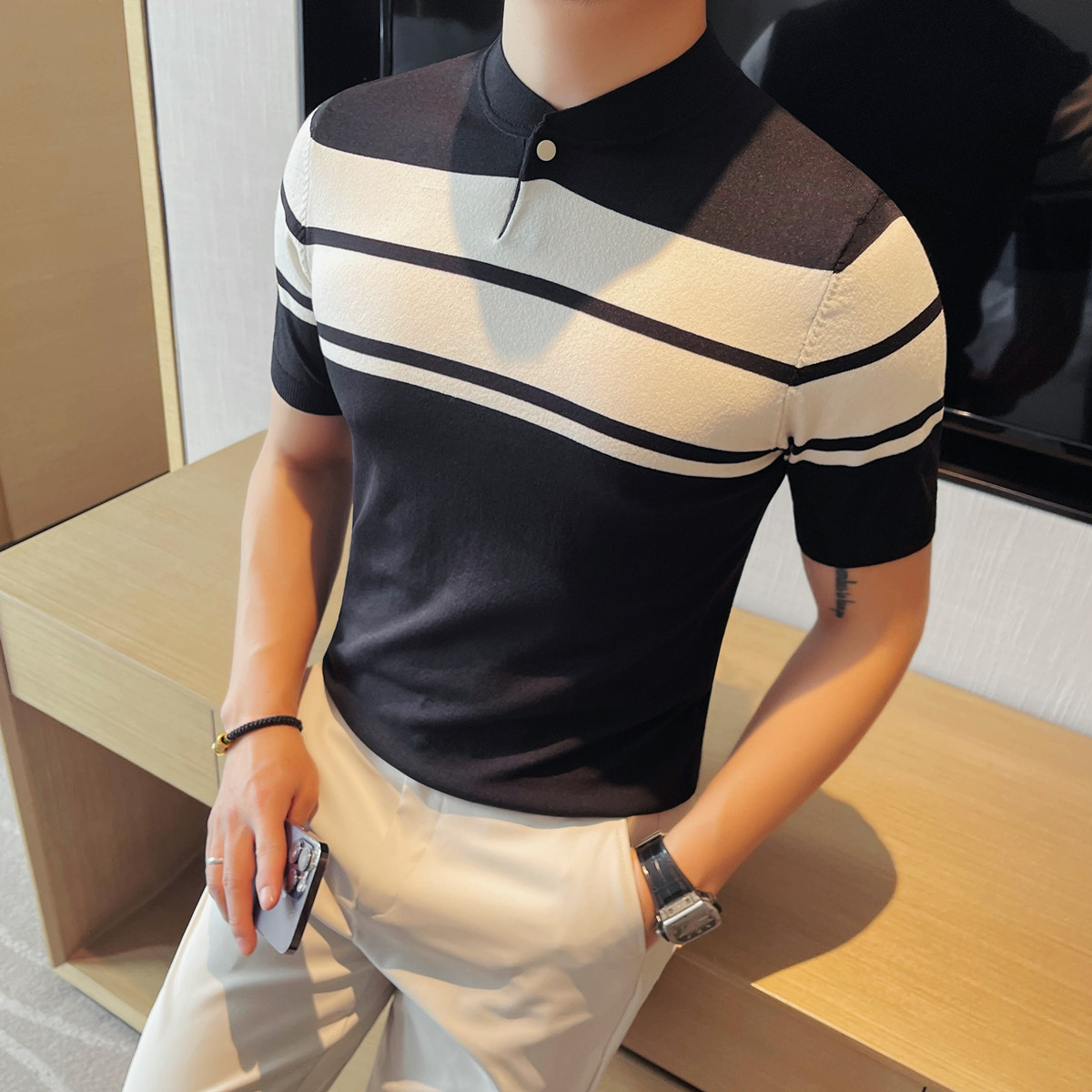3772-P58圆领短袖针织体恤男士透气条纹中袖冰丝T恤打底衫POLO衫,男装T恤,电商B333