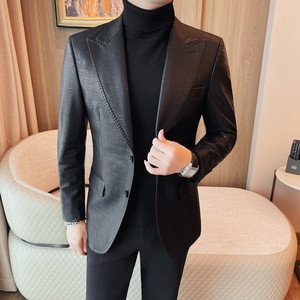 6126-P228 格子皮西装男士单排扣皮衣秋冬新款商务休闲百搭图片