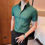 7777-P58短袖衬衫男士夏季潮流休闲帅气纯色修身衬衣绿色，男装T恤，电商B333
