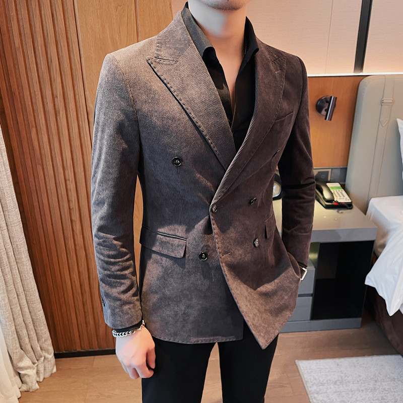 23580-P155灯芯绒西装外套男士双排扣西服修身条纹休闲西装,男装西服套装,电商B333